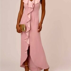 Adrianna Papell Satin Crepe Ruffle Front Long Gown in Steel Rose Size 8